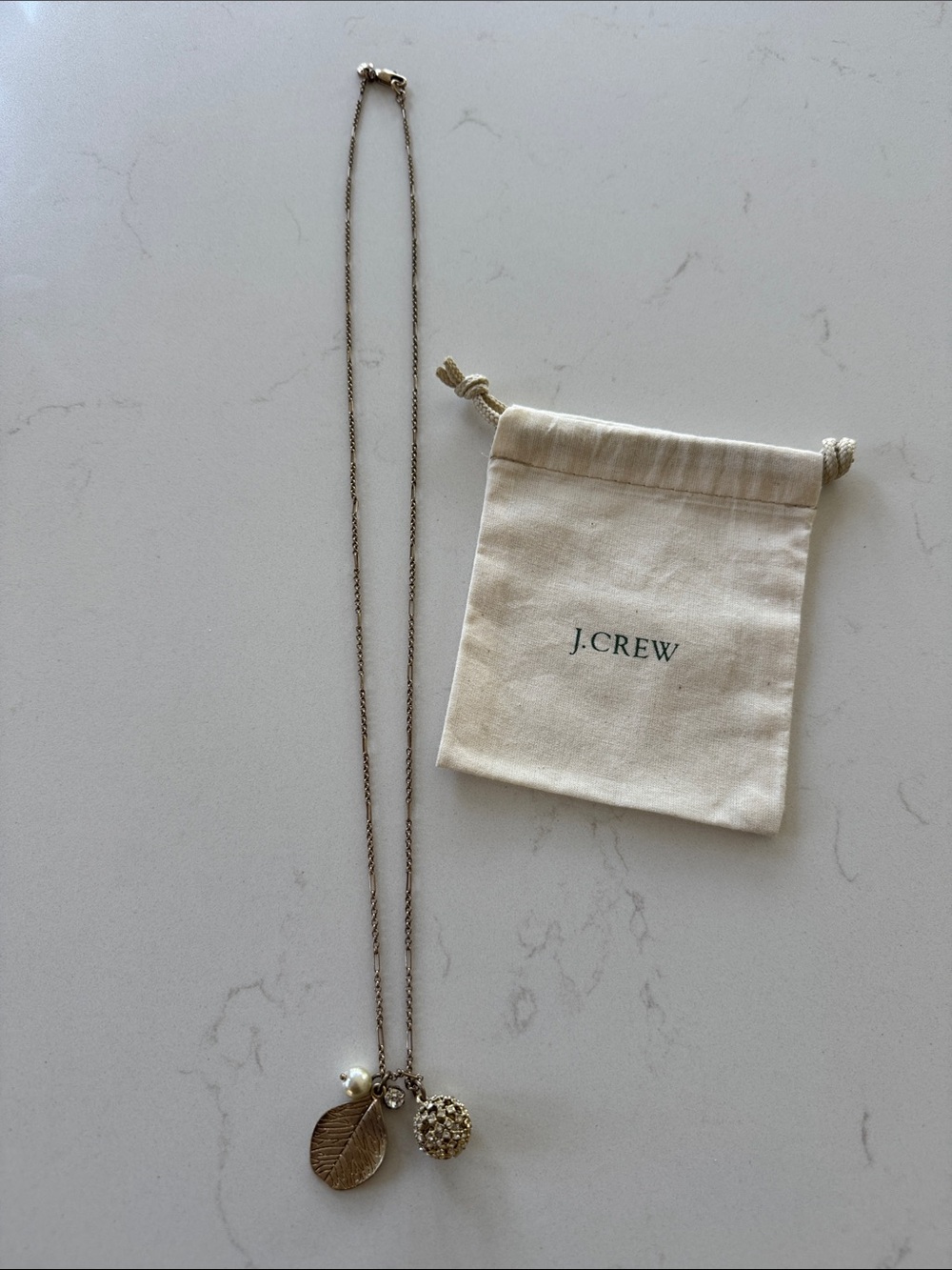 J. Crew Gold Leaf, Pearl & Pavé Charm Necklace L: 16"